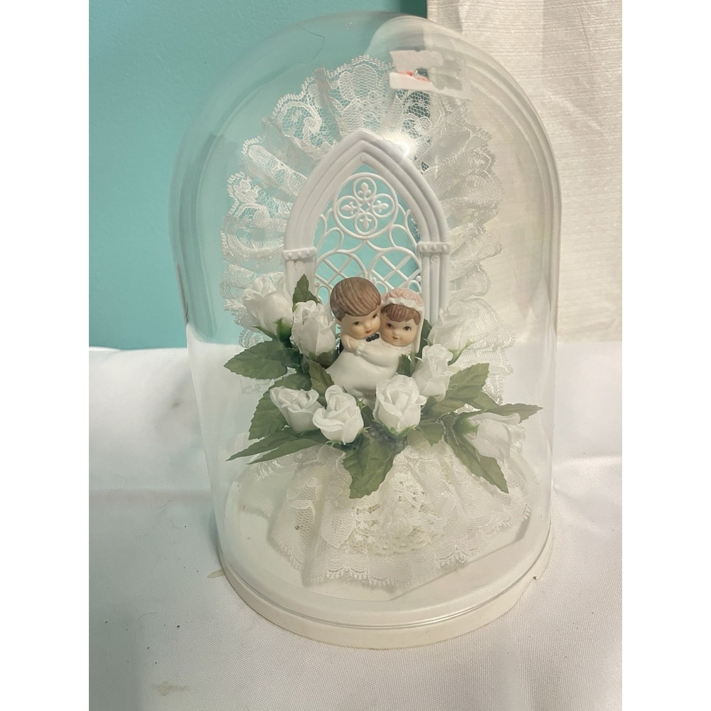 Vintage Wedding Cake Topper Ceramic Bride And Groom In Plastic Cloche Dome 1980s